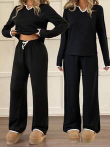 SHEIN Tween Girls T-Shirt Co-Ords Pajamas Contrast Binding Notched Neckline Knot Front Lounge Set - Black and White - View 7