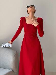 EastFlair Spring Korean Fashion Women's Red Holiday Party Ruched Waist Elegant Long Sleeve Long Dress,Party Season Dressing,Festive Dressing ﻿ - Red - View 3