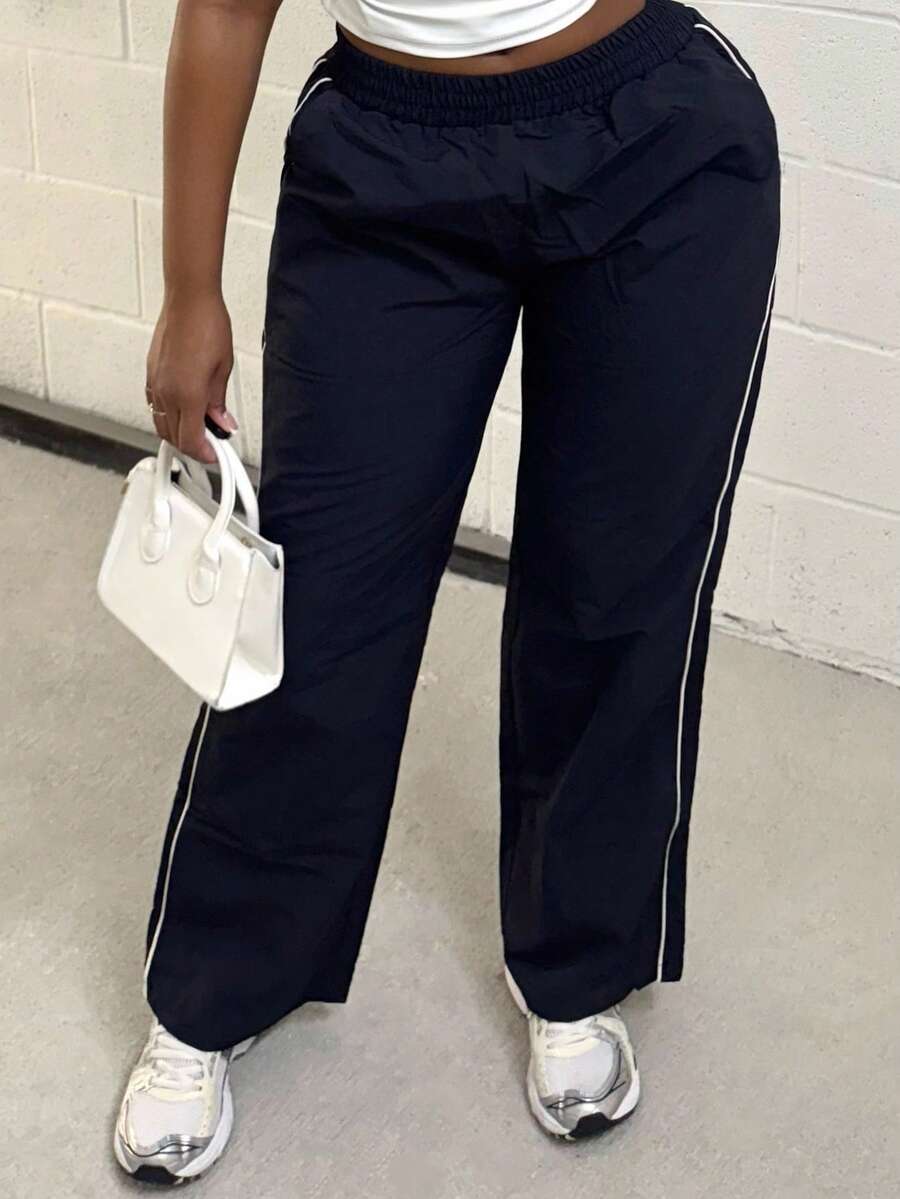 Alexandranx 松紧腰抽绳直筒裤春夏休闲可爱度假机场裤 - 藏蓝色 - 查看 1