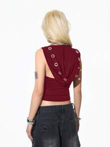 StreetHx 街头服饰女式夏季孔眼装饰无袖连帽背心 - 酒紅色 - 查看 2
