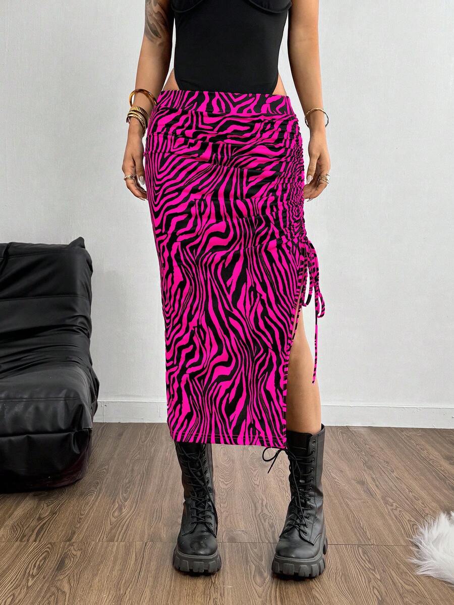 SHEIN EZwear 女性夏季半腿裙，整體打褶設計，綁繩開叉設計，採用印花布料 - 玫紅色 - 查看 1