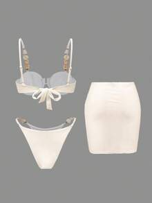 Swim Oasis 女士纯色细肩带米色装饰钢圈后系带三角泳裤可调节侧褶向日葵装饰三件套泳衣套装 - 白色 - 查看 4