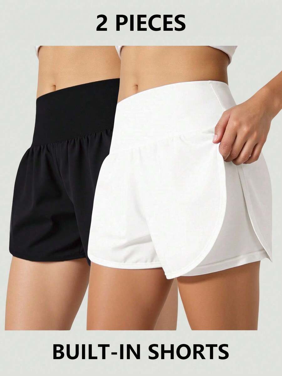 SHEIN Tween Girl 2 Pieces Solid Black & White, Minimalist Loose Comfortable Versatile Athleisure Sporty High Waist Design Snug Fit Tall Fit All-Match Moisture Wicking Sweat Absorbing Shorts For Spring/Summer - Multicolor - View 1