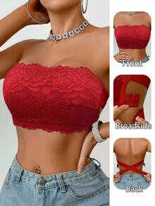 1pc Women Lace Wireless Bandeau Bra - Red - View 5