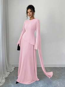 Elenzga Women's Elegant Middle Eastern Style Vintage French Chic Dress, Featuring Layered Skirt, Adjustable Cinched Waist, Flared Sleeves, And Shoulder Drapes, Suitable For Parties, Autumn/Winter