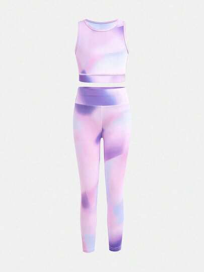 SHEIN 2pcs/Set Young Girls Tie-Dye Print Matching Camisole And Sports Pants Yoga Workout Outfit