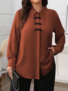 Vionelle 大码女式纯色优雅法式通勤衬衫，衬衫领，开襟设计，蝴蝶结装饰，长袖女式衬衫，优雅棕色衬衫，办公室衬衫，系带衬衫，端庄衬衫 - 鏽棕色 - 查看 3
