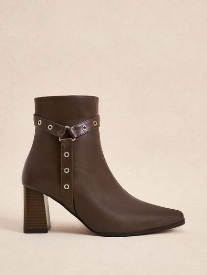 Daringsoles Chic Pointed Ankle Boots | Buckle Strap With Metal Rings | Chunky Heel For Height | Versatile Fall/Winter Style | 2 Pairs, Premium Leather-Look