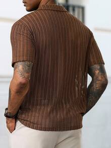 Manfinity Homme Men's Casual Solid Color Textured Fabric V-Neck Short Sleeve Polo Shirt, Summer Striped Men Casual Men Knitted Button Up Dark Brown Shirt