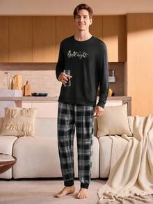 Manfinity Underwear&Sleepwear Basics Men's Plaid Round Neck Long Sleeve Top And Pants Loungewear Set, Autumn, Fall Winter Clothes, Christmas - Multicolor - View 4