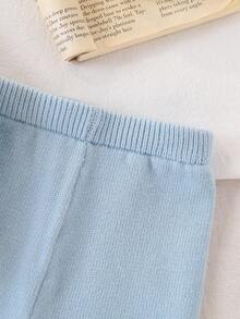 SHEIN Vintaside Kids Baby Girls 2pcs Sweater Co-Ord Set - Knitted Long Sleeve Pullover Sweater With Rabbit Jacquard Pattern & Bow Accent + Wide Leg Knit Pants, Fashionable & Cute Outfit For Autumn/Winter, Suitable For Casual, Home, Travel, School Baby Set Autumn Winter Season Baby Knitted Set Baby Girl Warm Sets Baby Two Piece Set Knit Two Piece Toddler - Blue - View 3