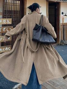 Dazy Plus Thick Woolen Fabric Solid Color Loose Casual Double-Breasted Belt Decor Long Coat, Plus Size Women Autumn/Winter Outerwear