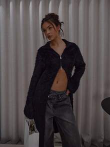 MUSERA Áo cardigan dáng rộng, cổ gập, khóa kéo, chất liệu len mềm mại, phong cách đường phố, dễ thương, thanh lịch, giản dị, gợi cảm, thích hợp đi chơi, dự tiệc, sang trọng. - màu đen - Xem 7