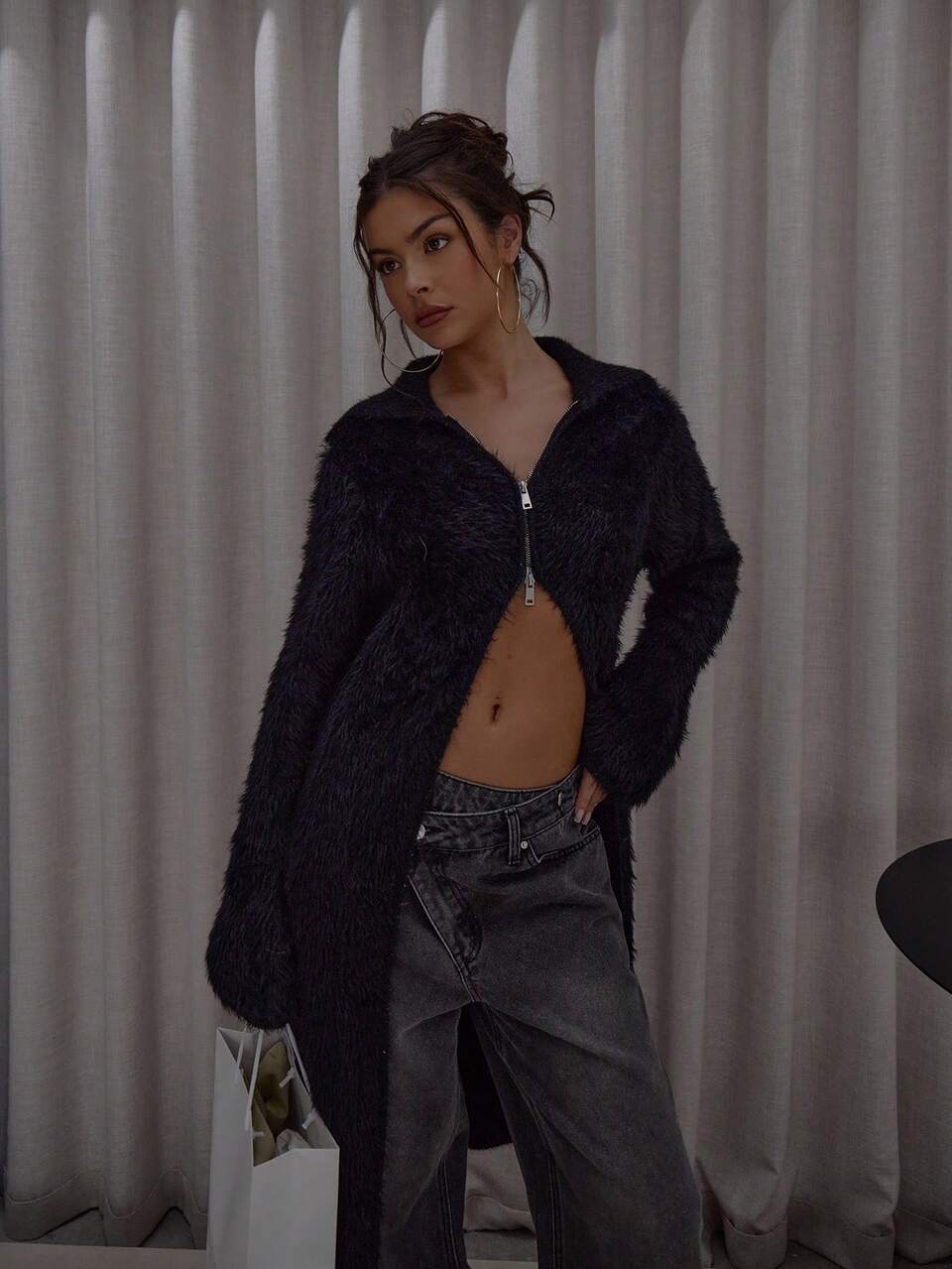 Cardigan ample en tricot doux à col rabattu et fermeture éclair, style streetwear, mignon, chic, décontracté, sexy, pour sortir, toffee, élégant