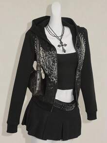 SHEIN ICON Y2K 女款万圣节哥特图案黑色秋冬翅膀印花长袖拉链前开休闲连帽衫 - 黑色 - 查看 5