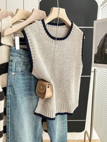 SHEIN Tall 休闲宽松圆领无袖针织撞色滚边卡其色秋冬针织背心，秋冬外出上衣 - 杏色 - 查看 3