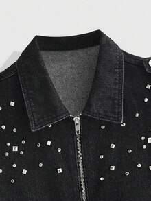 ROMWE MEN Street Life Men's Street Fashion Rivet Zipper Denim Jacket - Black - View 3