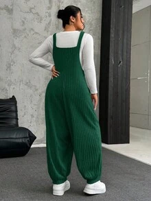 SHEIN EZwear Plus Size Grey Elastic Fleece Ribbed Bib Pants, Autumn/Winter - Dark Green - View 2