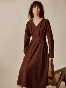 Florisole Women's V-Neck Ruched Cinched Waist Pure Cotton Long Dress With Raglan Sleeves, Suitable For Back To School Season In Autumn - Red - View 5