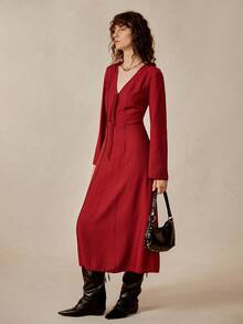 Florisole 女式 V 领前系带长袖连衣裙 - 紅色 - 查看 3