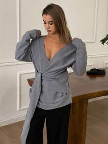 女士纯色宽松斜领系带休闲优雅开衫，秋冬 - 灰色 - 查看 12