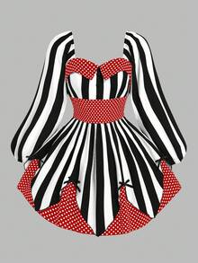 Sweetra Plus Size Women's Vintage Bold Avant-Garde College Street Fashion Digital Print Punk Dark Clown Magician Black White Stripe Polka Dot Stage Nightclub Theme Party Bar Long Sleeve Dress, Suitable For Halloween, Back To School Season, Holidays, Daily Wear - Multicolor - View 1