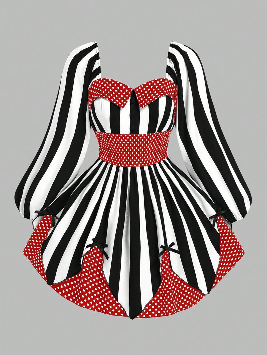 Sweetra Plus Size Women's Vintage Bold Avant-Garde College Street Fashion Digital Print Punk Dark Clown Magician Black White Stripe Polka Dot Stage Nightclub Theme Party Bar Long Sleeve Dress, Suitable For Halloween, Back To School Season, Holidays, Daily Wear - Multicolor - View 1