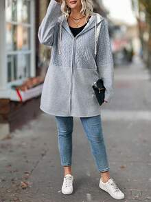 SHEIN CURVE+ Jacke in Große Größen mit strukturierten Einsätzen, Frontreißverschluss und Kapuze mit Kordelverschluss für den Lässig-Stil