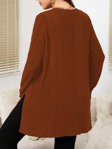 EMERY ROSE Plus Size Casual Solid Color Side Slit Long Sleeve T-Shirt, Autumn