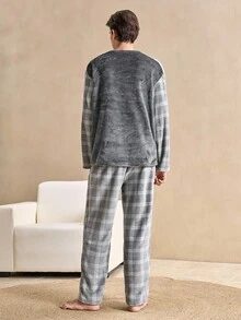 SHEIN 2pcs Men's Vintage Coin Printed Plaid Fluffy Loungewear Set,Autumn Home Clothes,White 2016 Aesthetic,Cozy Casual Fabric For Indoors Outdoors,Winter - Grey - View 2