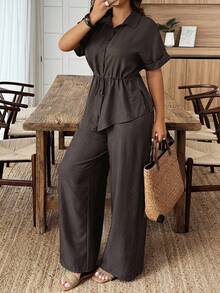 EMERY ROSE Conjunto de 2 piezas de camisa y pantalones de talla grande, unicolor, con cordón en la cintura, para vacaciones y uso casual - Marrón - Ver 1