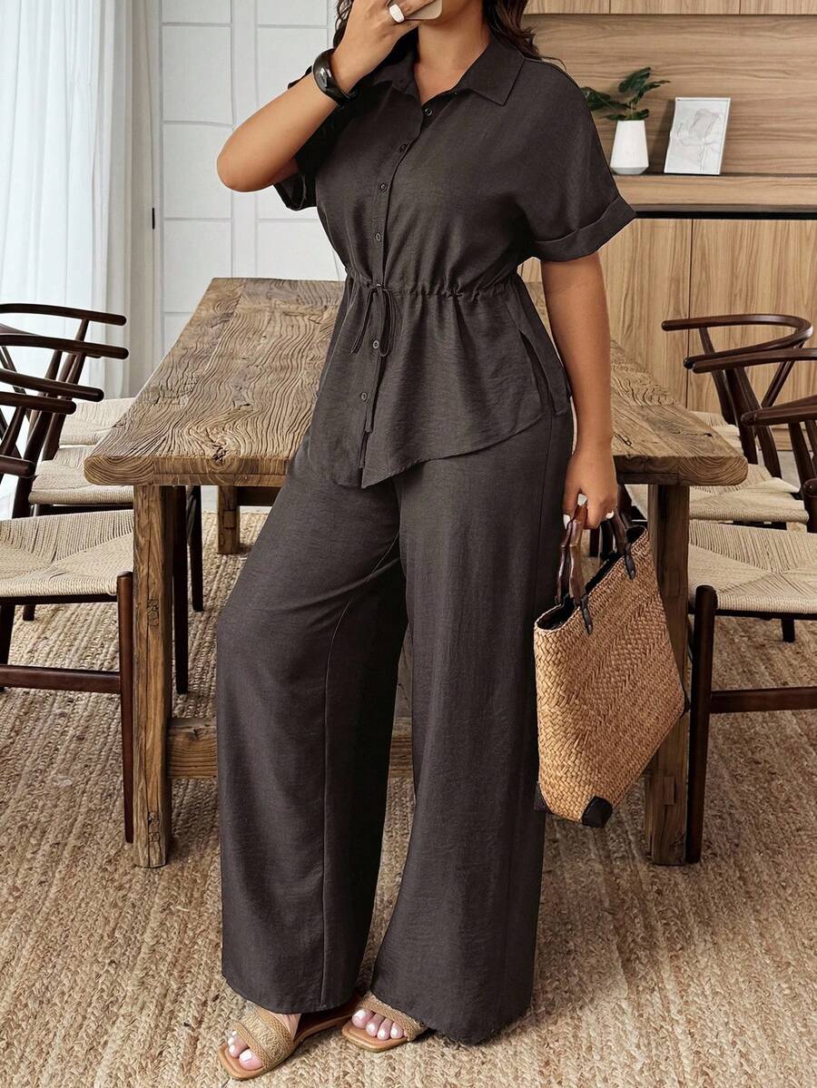 EMERY ROSE Conjunto de 2 piezas de camisa y pantalones de talla grande, unicolor, con cordón en la cintura, para vacaciones y uso casual - Marrón - Ver 1