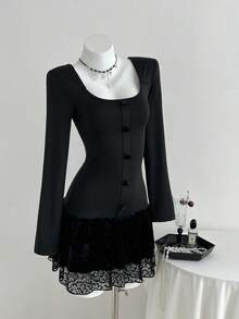 Elamini 1 件女式黑色纽扣撞色蕾丝方领修身迷你连衣裙，休闲秋装 - 黑色 - 查看 4