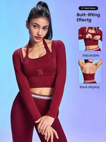 SHEIN Sports Regata Esportiva Ajustada de Cor Sólida com Decote Nadador e Camiseta Esportiva de Manga Longa com Botões para Mulheres - Vinho - Visão 1