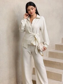 Modelyn 不对称领口上衣搭配直筒裤，优雅休闲风 - 杏色 - 查看 4
