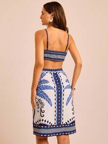 CAJUNI Women's Vacation Palm Tree Print Cutout Waist Sexy Spaghetti Strap Dress - Multicolor - View 2