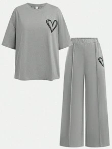 SHEIN Girlism 青少年女孩两件套休闲装 - 宽松圆领针织上衣，带有图案印花和宽松短裤，适合日常穿着、返校、假期、家庭户外活动、春季野餐等 - 淺灰色 - 查看 12
