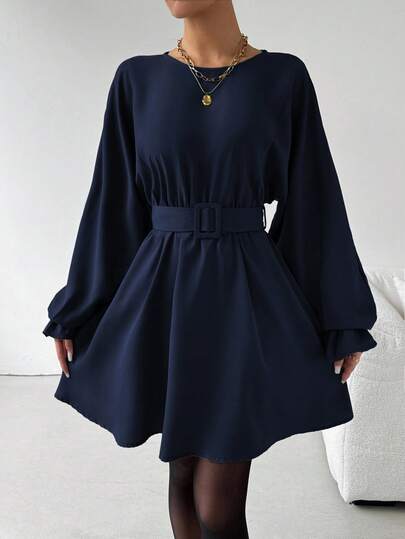 Almamuse 休闲通勤纯色系带灯笼袖连衣裙