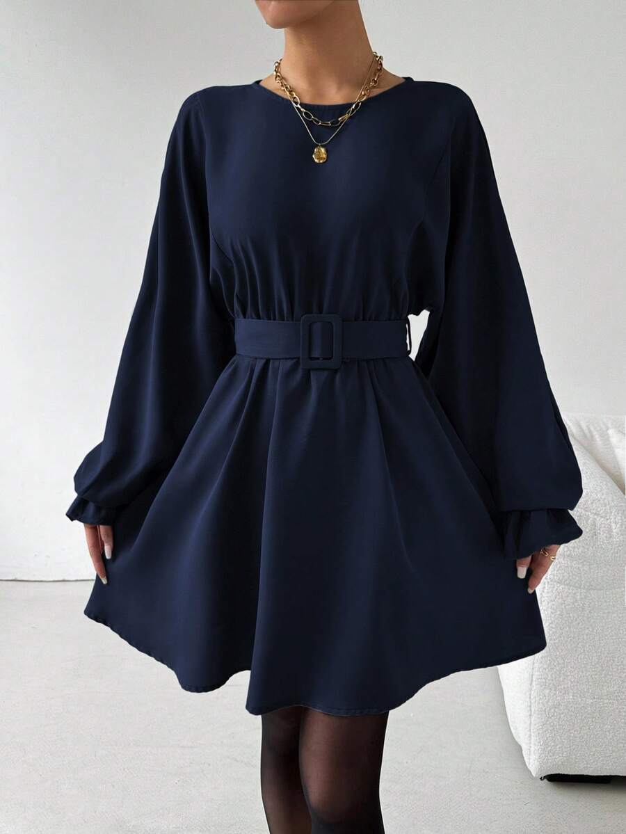 SHEIN Raffinéa 休闲通勤纯色系带灯笼袖连衣裙 - 寶藍色 - 查看 1