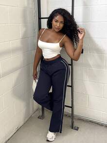 Alexandranx 松紧腰抽绳直筒裤春夏休闲可爱度假机场裤 - 藏蓝色 - 查看 6