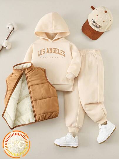 SHEIN 3 件儿童字母印花连帽运动衫和运动裤套装，买 2 送 1，休闲舒适服装，适合学校、花园、派对，适合秋冬季