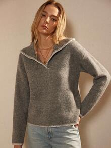 法式复古宽松Polo领长袖针织撞色边饰设计灰色女式套头衫，秋冬 - 灰色 - 查看 4