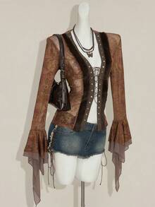 SHEIN ICON Women's Retro Sexy Bohemian Style Y2K Millennial Style Red Paisley Pattern Front Tie Splicing Wool Top Metal Eyelets Multi-Layered Ruffled Trumpet Sleeves See-Through Mesh Slim T-Shirt