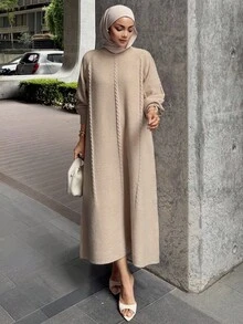 DAZY Đầm dệt kim dáng rộng thoải mái dành cho nữ, cổ tròn, tay dài raglan, phù hợp cho mùa thu/đông, kiểu dáng kín đáo. - Màu be - Xem 6