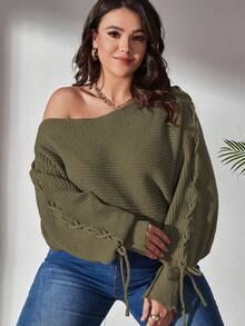 Elenzga Plus Size Solid Color Off Shoulder Drawstring Sweater, Multi-Color Fall - Army Green - View 5