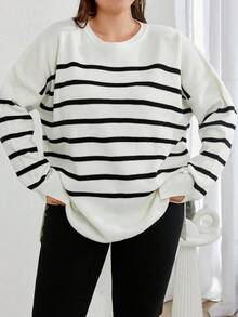 EURMUSE Suéter de talla grande con patrón de rayas y hombros caídos, para invierno - Blanco y Negro - Ver 3