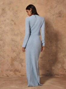 Almamuse New Autumn French Elegant Lady Elegant Versatile Blue Knitted Women Sweater 2 Pieces Set - Blue - View 2