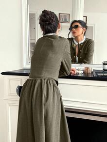 Franclia Damen Herbst/Winter elegantes romantisches Zweiteiler-Outfit mit rundem Ausschnitt, Metallknopf-Dekor, plissierter Rüsche, Patchwork, elastischem Bund und A-Linien-Rock für Universität und Herbst - Verschiedenfarbig - Übersicht 2