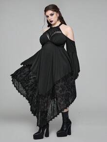 ROMWE Đầm maxi tay loe họa tiết hoa cổ ren viền bất đối xứng phong cách Gothic cỡ lớn, đầm dài thanh lịch tối màu theo phong cách Gothic cỡ lớn cho mùa thu/đông, đầm dài cổ điển sang trọng theo phong cách Gothic cỡ lớn cho phụ nữ mặc trong lễ Halloween, tiệc Giáng sinh - màu đen - Xem 2