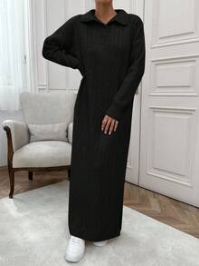 EURMUSE Vestido de suéter largo tipo maxi con cuello de polo y toque suave de hilo cepillado para mujer - Negro - Ver 2
